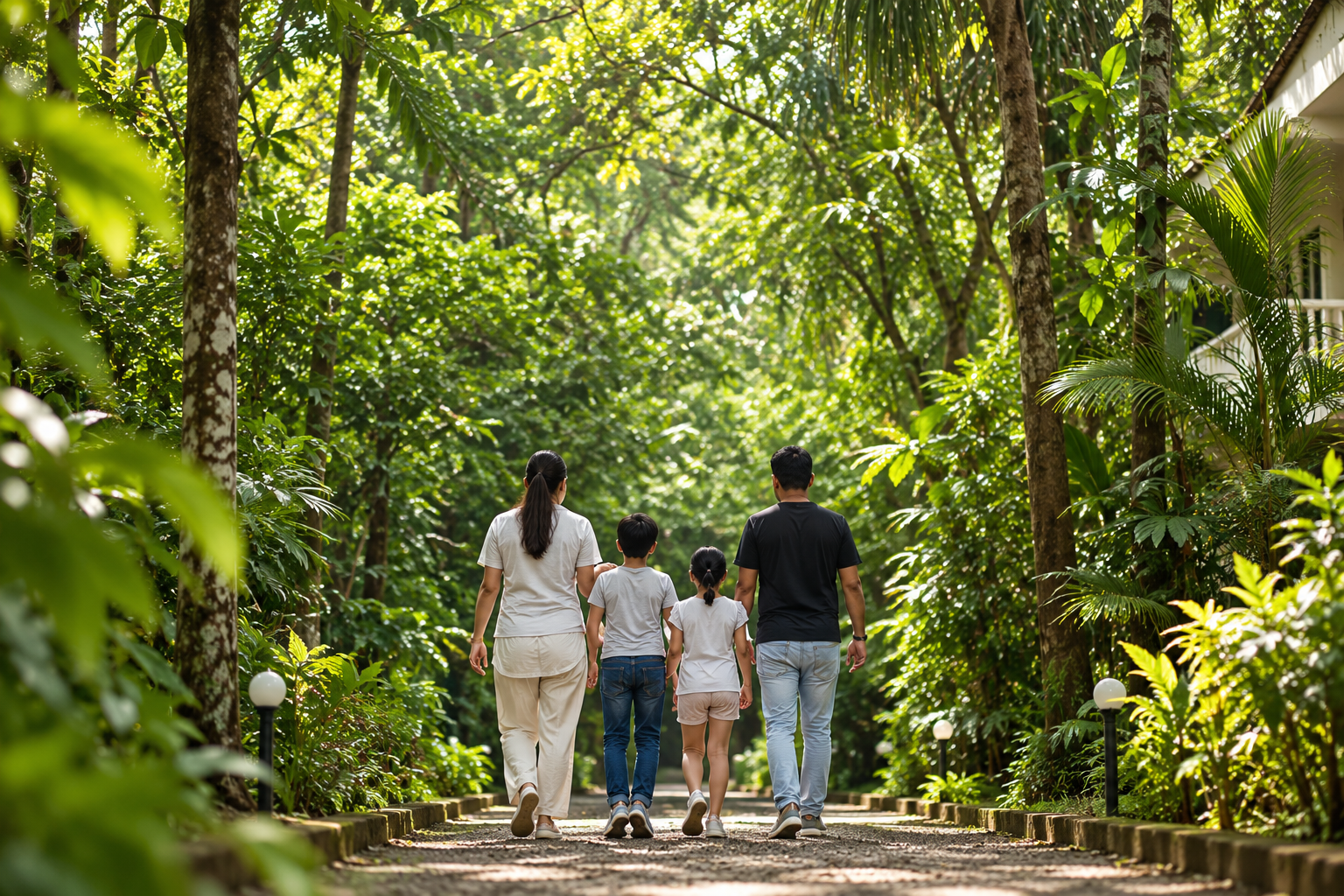 Family enjoying a peaceful walk through the lush garden at Pandora The London Nest in Thodupuzha, Idukki, Kerala