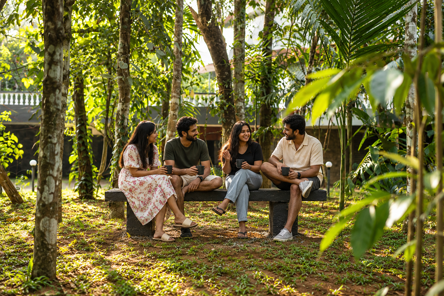 Friends enjoying a relaxing staycation in the garden at Pandora The London Nest, Thodupuzha, Idukki, Kerala