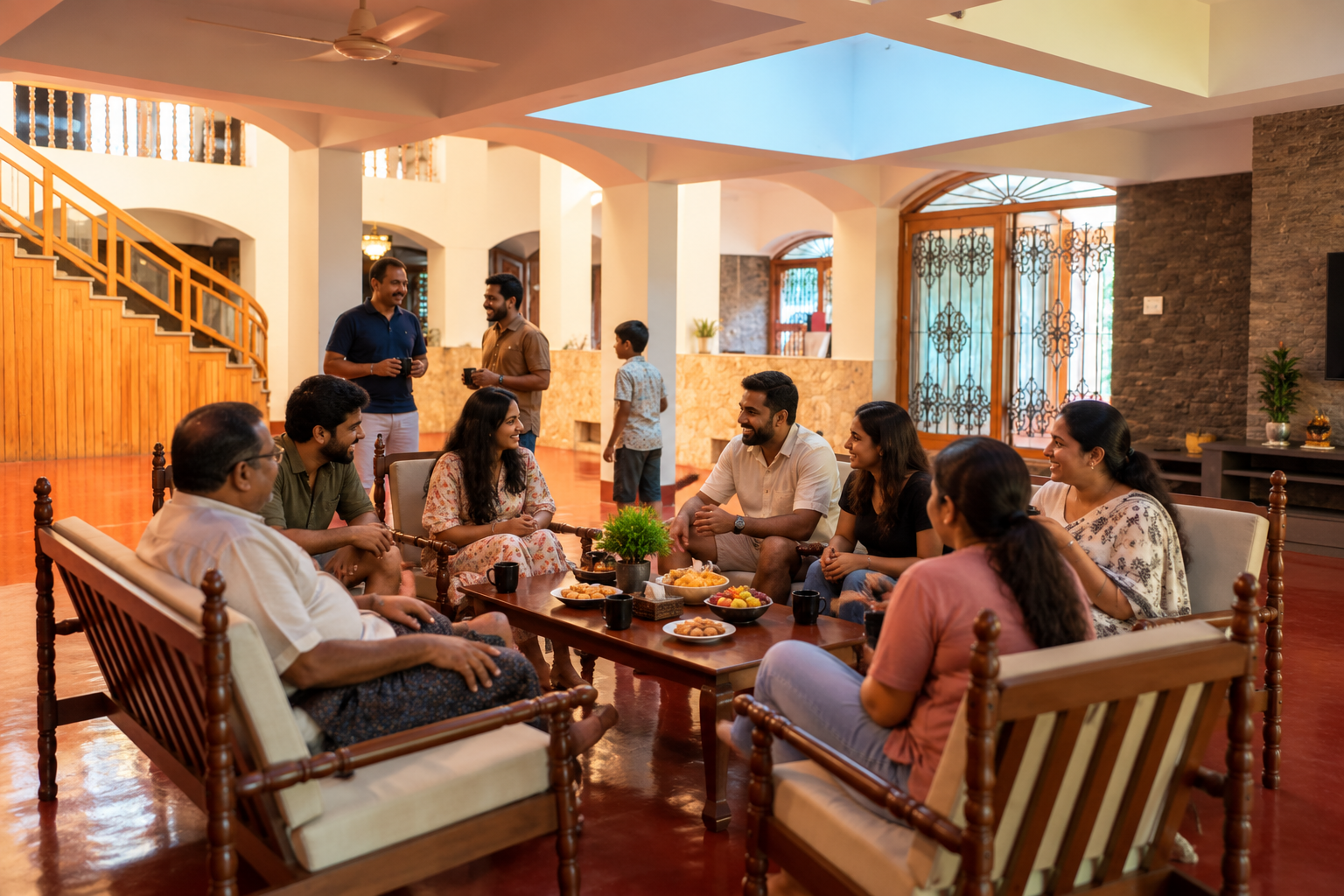 Family and friends enjoying a group gathering at Pandora The London Nest bungalow in Thodupuzha, Idukki, Kerala