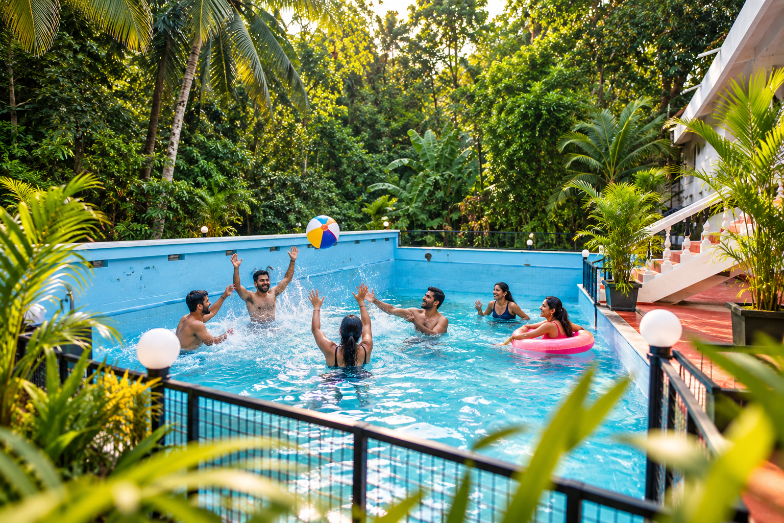 Friends enjoying a pool party at Pandora The London Nest in Thodupuzha, Idukki, Kerala