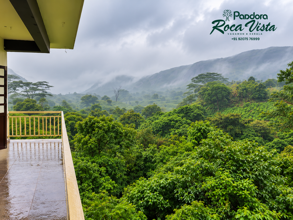 Balcony overlooking green hills